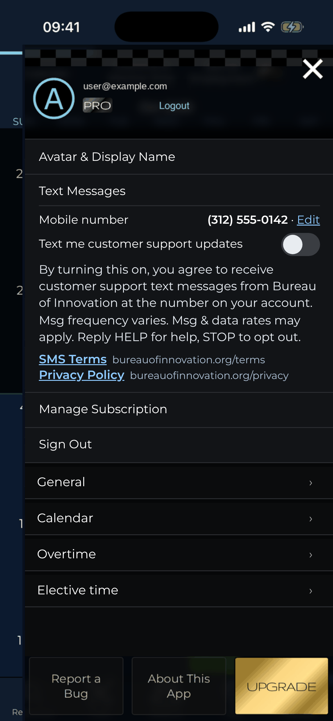 App Settings screen, Text Messages section, showing the mobile number on the account and a 'Text me customer support updates' toggle switched off, with consent text for customer support text messages from Bureau of Innovation, frequency, rates, HELP and STOP disclosures, and links to the SMS Terms and Privacy Policy.